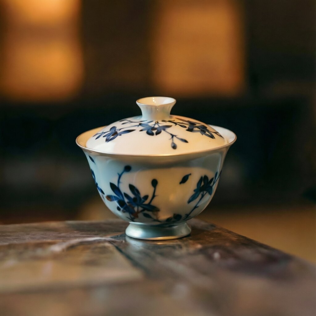 元煦窑圆口青花描银幽兰花盖碗