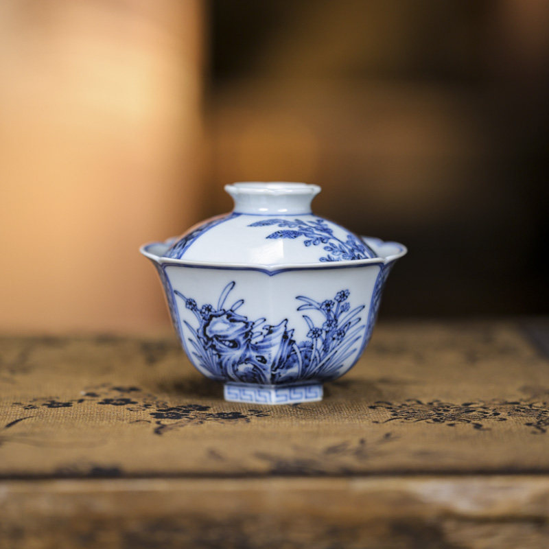 元煦窑茶具青花寿石水仙盖碗