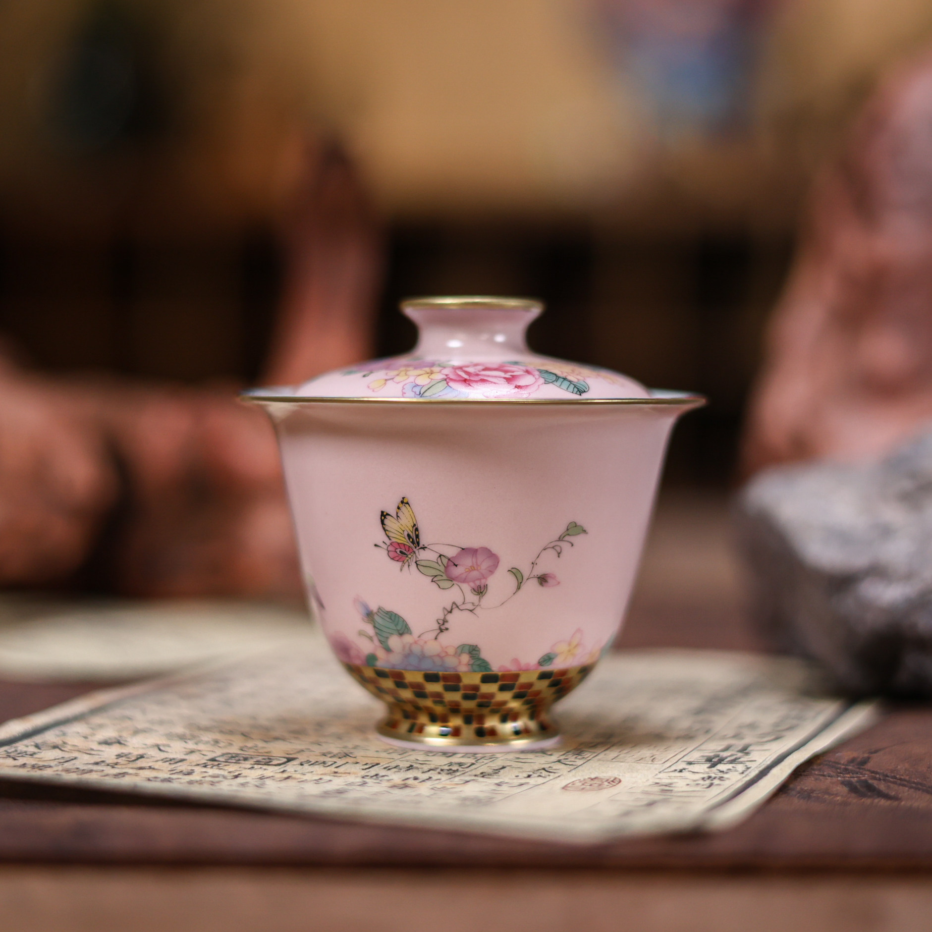 婵韵 华隐堂茶具夕岚粉万花花环蝴蝶盖碗单个手绘复古家用茶盖碗