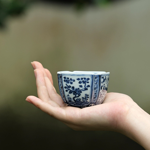 婵韵慢叩柴窑青花四芳集瑞杯四方杯主人杯品茗杯个人茶杯复古家用