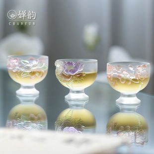 心缘堂古篱琉璃杯荷花梅花桃花高足杯主人杯十二花神茶杯 婵韵