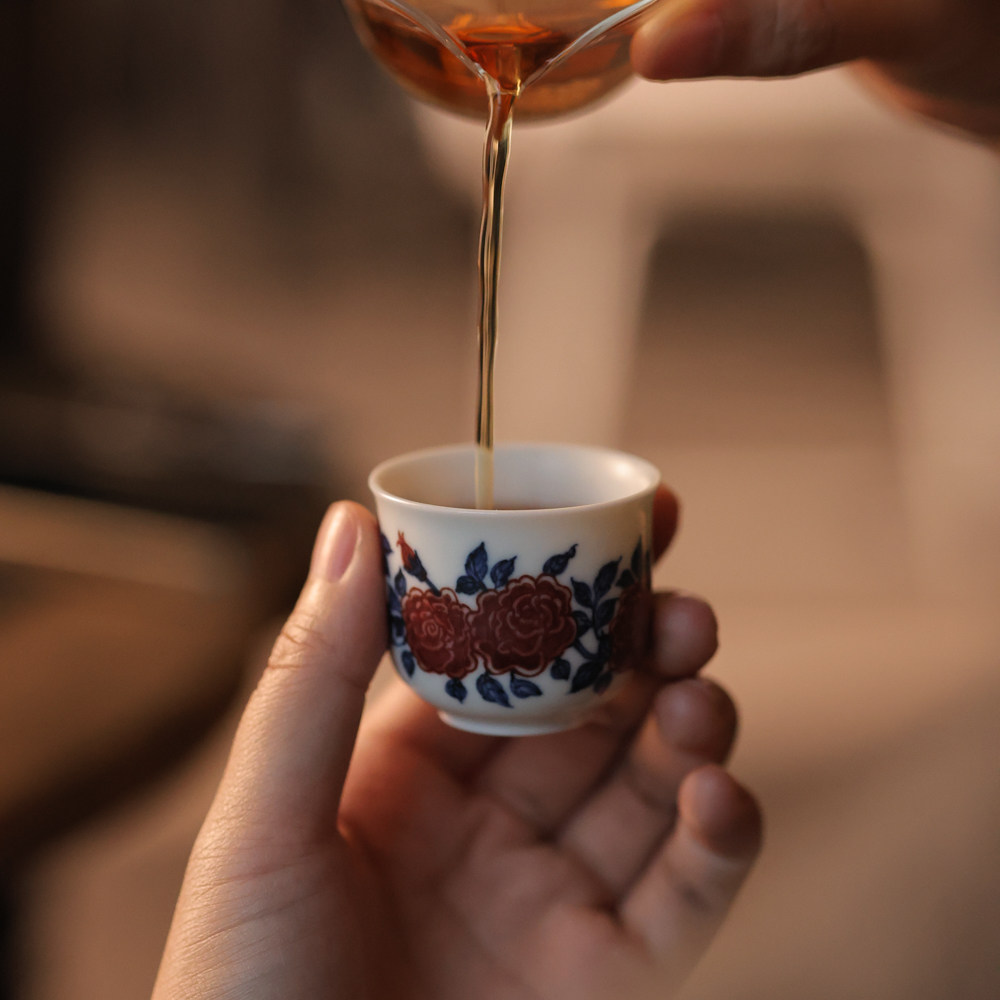 婵韵 勤义堂茶杯青花釉里红月季花杯主人杯品茗杯个人杯喝茶杯子