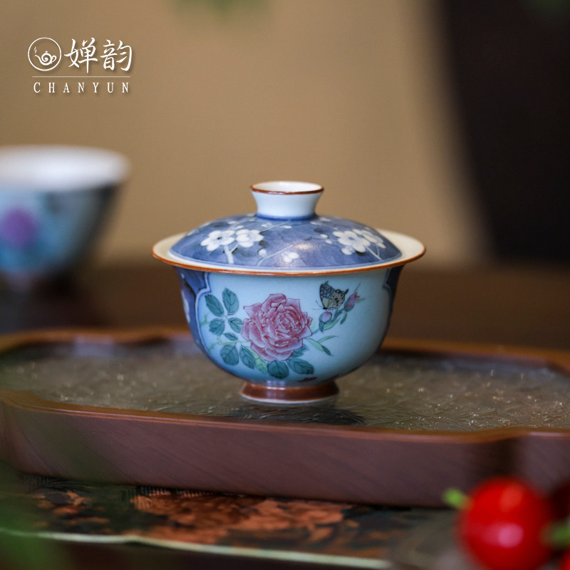 婵韵新墨冉开窗斗彩渐变蓝玫瑰蝴蝶盖碗茶杯单个手绘复古家用茶具
