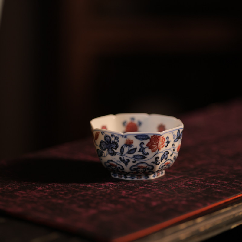 婵韵 勤义堂茶杯青花釉里红缠枝莲花八方杯主人杯品茗杯喝茶杯子