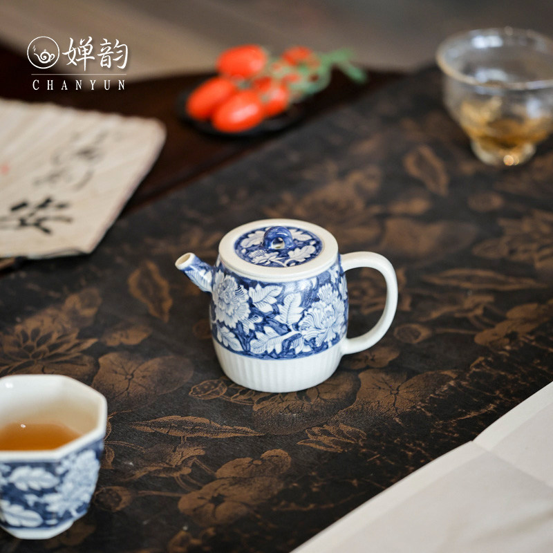 婵韵 梵山堂青花牡丹茶壶茶杯室闲壶八方杯主人杯复古家用茶具