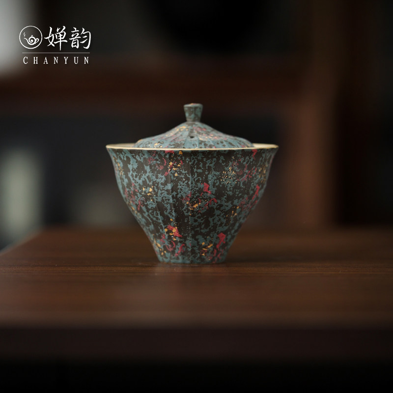 仿古泥了凡泥彩斗笠盖碗复古家用