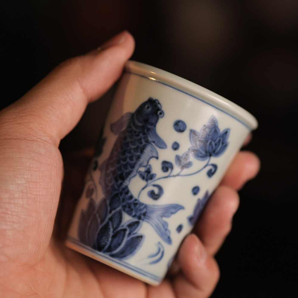 婵韵翁宿仿古青花海藻鱼藻可乐杯