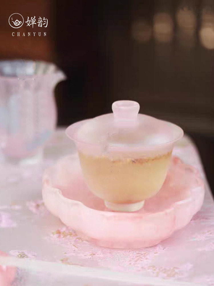 婵韵 心缘堂琉璃冰透粉留香盖碗茶杯单个小清新中式家用茶盖碗
