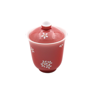 婵韵黄丽君茶具豇豆红瘦高小花盖碗茶杯单个色釉女生精美家用茶具