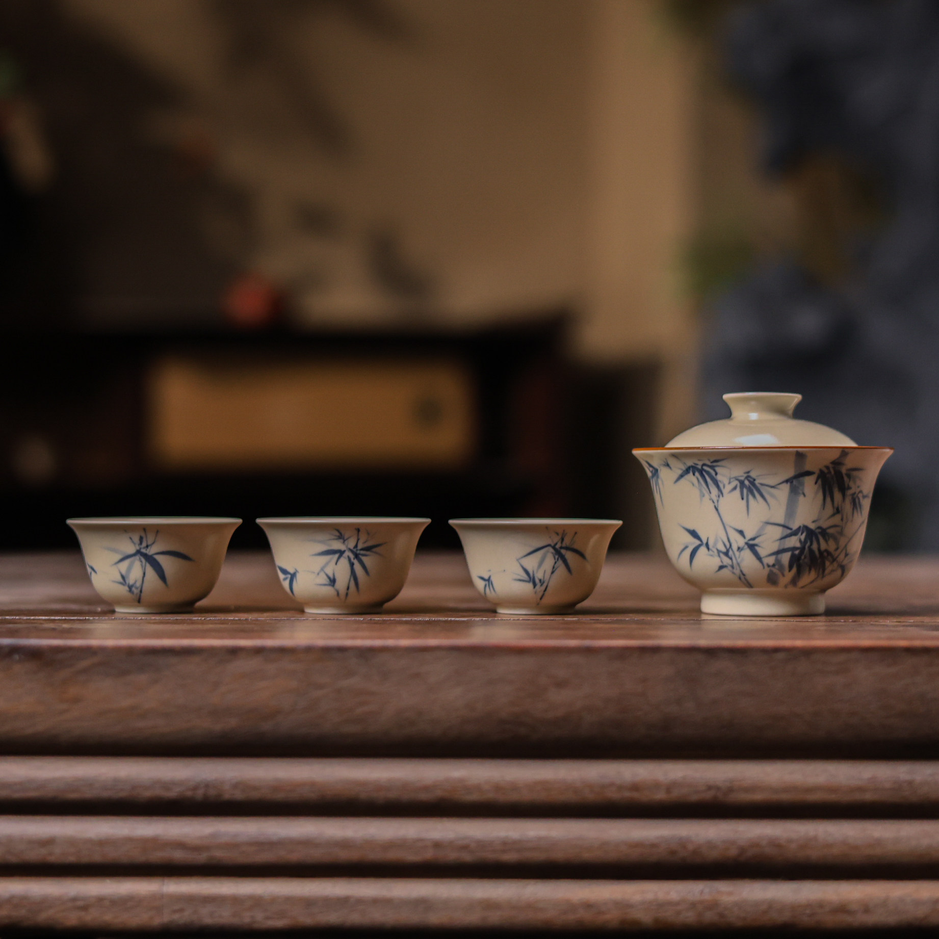 拙溪茶具手绘竹子盖碗茶杯套组
