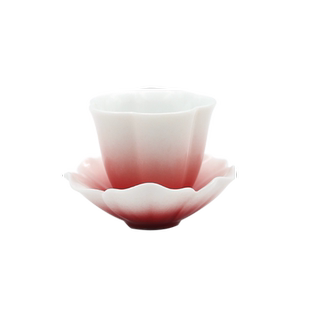 婵韵黄丽君茶具玫瑰红花口茶杯主人杯带杯垫渐变红品茗杯小田甄选