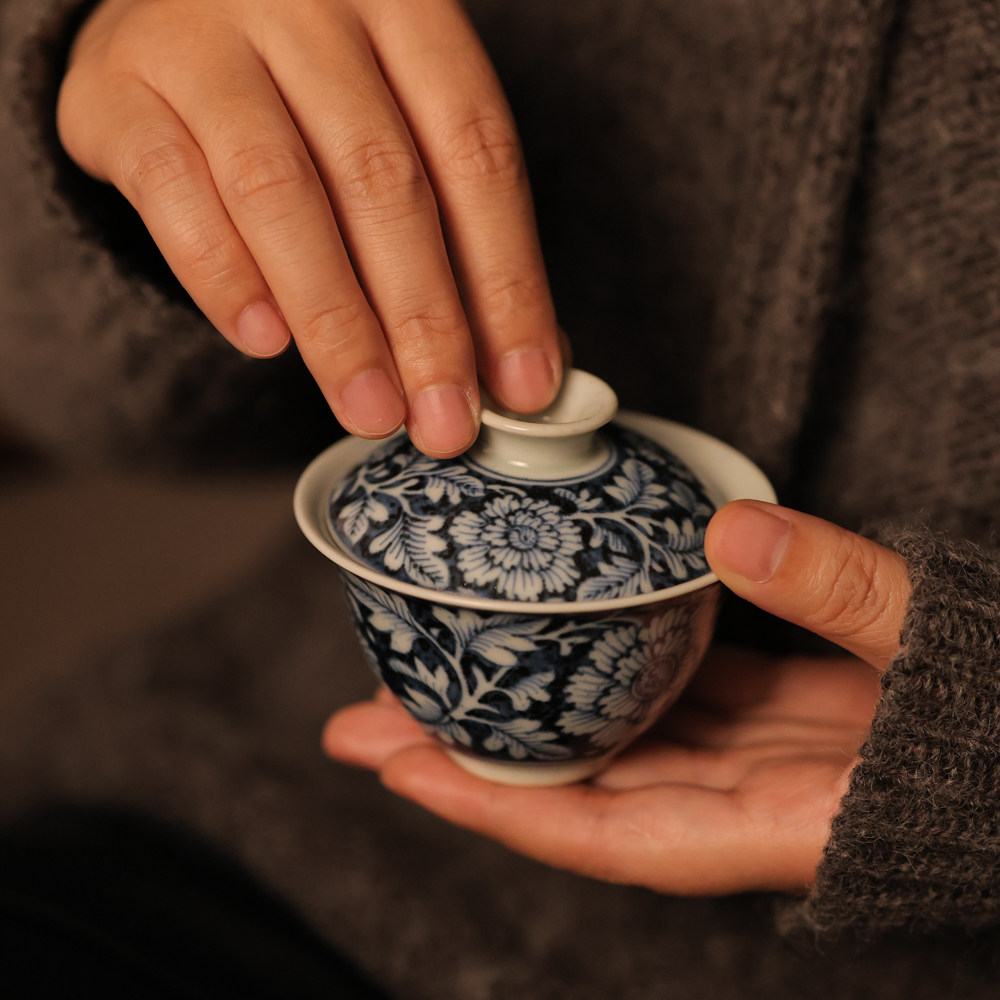 婵韵 翁宿茶具青花洒蓝蓝底缠枝莲牡丹盖碗手绘复古家用茶盖碗