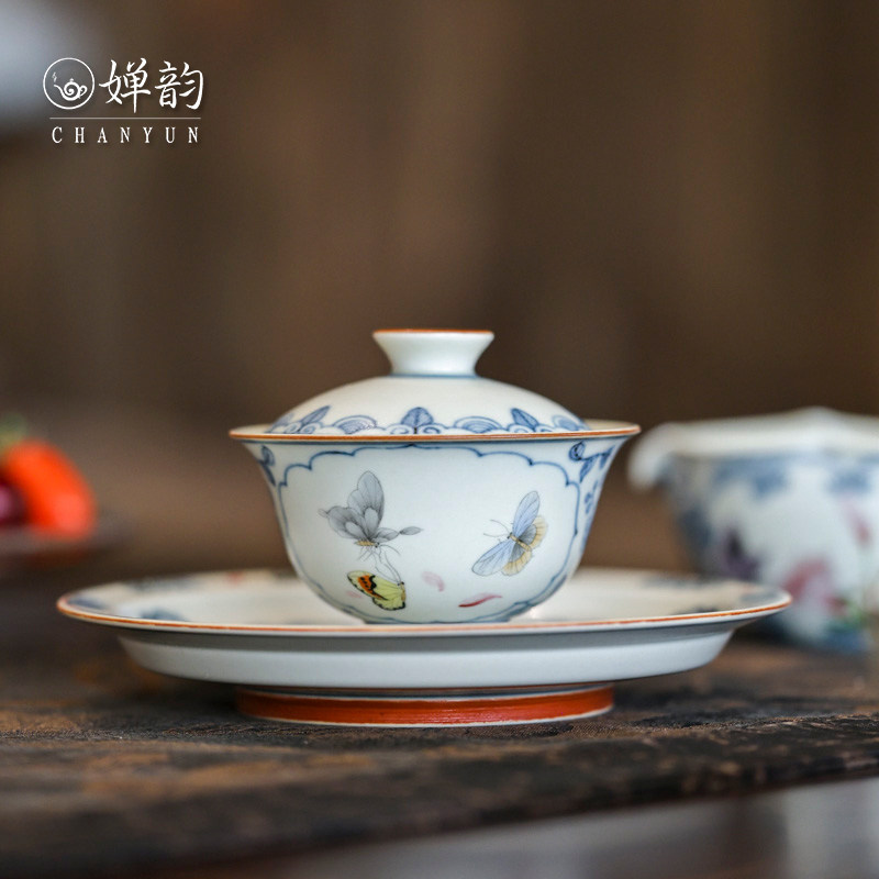 新墨冉斗彩蝴蝶百合桃花盖碗茶杯