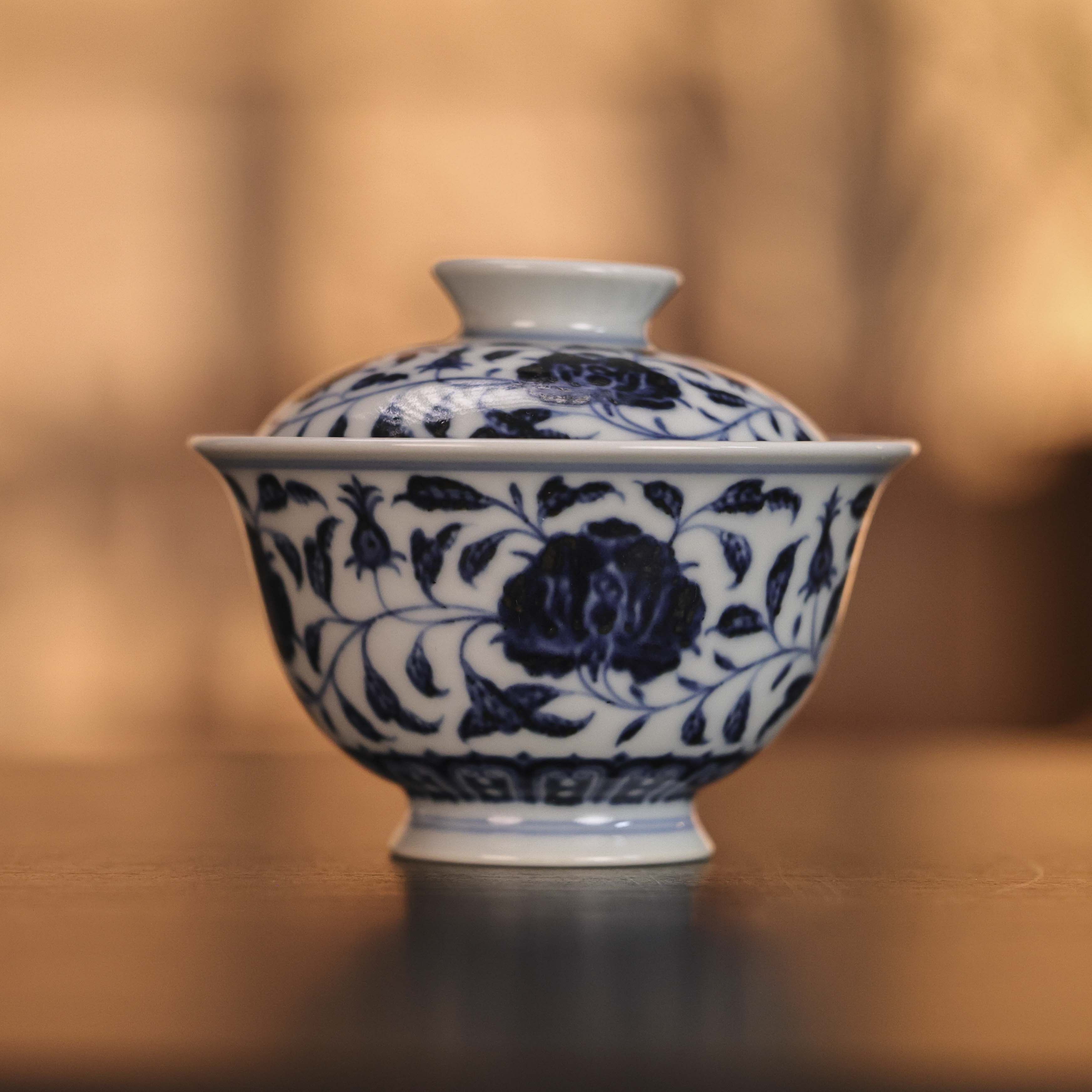 元煦窑茶具青花缠枝莲月季花盖碗