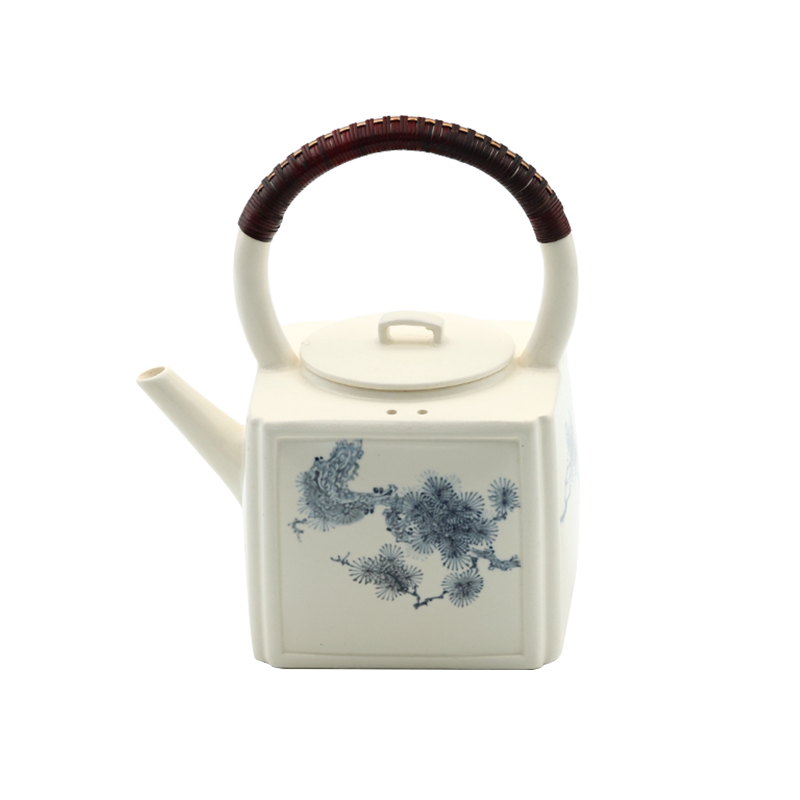 梵山堂苏打釉青花诗文茶壶四方壶