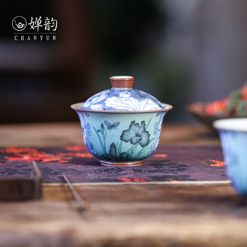 婵韵新墨冉开窗斗彩渐变蓝绿莺尾花蝴蝶盖碗茶杯单个复古家用茶具