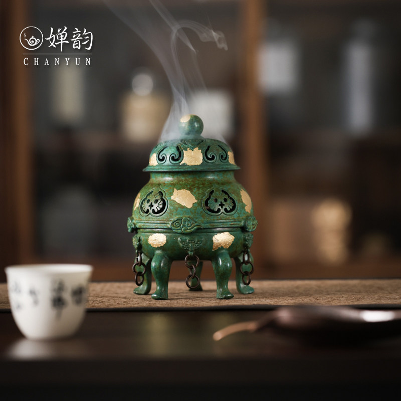 婵韵复古铜器黄铜绿色三足香炉