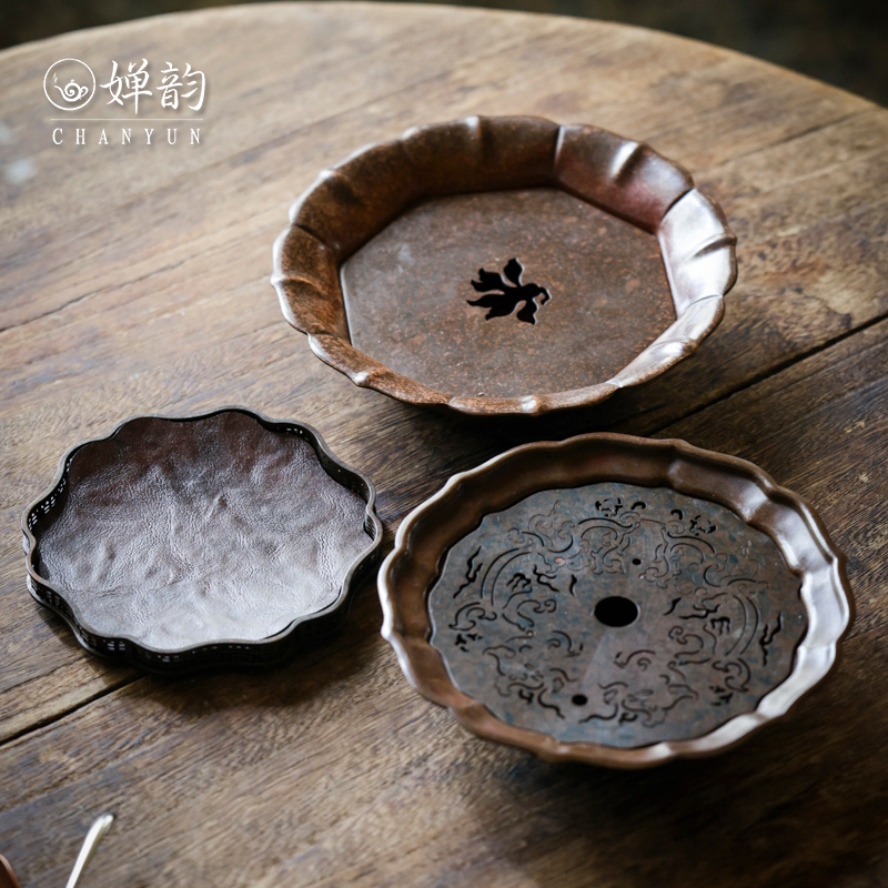 婵韵复古紫铜无镜如意海棠茶承