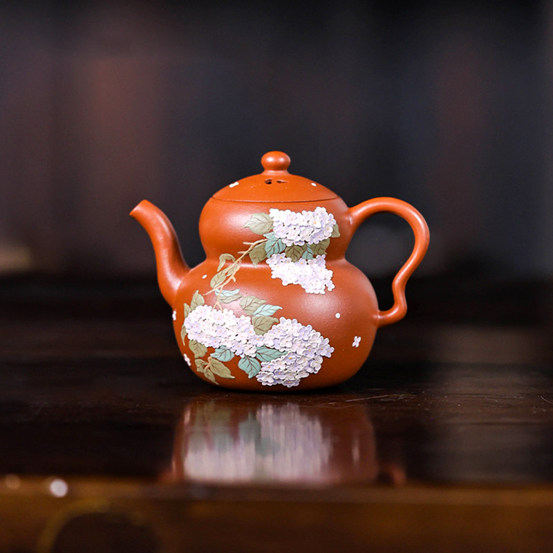 窑云紫砂朱泥绣球花茶壶福禄壶