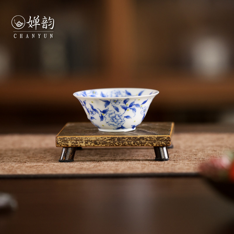 婵韵 青樵轩青花茶杯落花生香杯主人杯品茗杯个人杯复古家用茶具