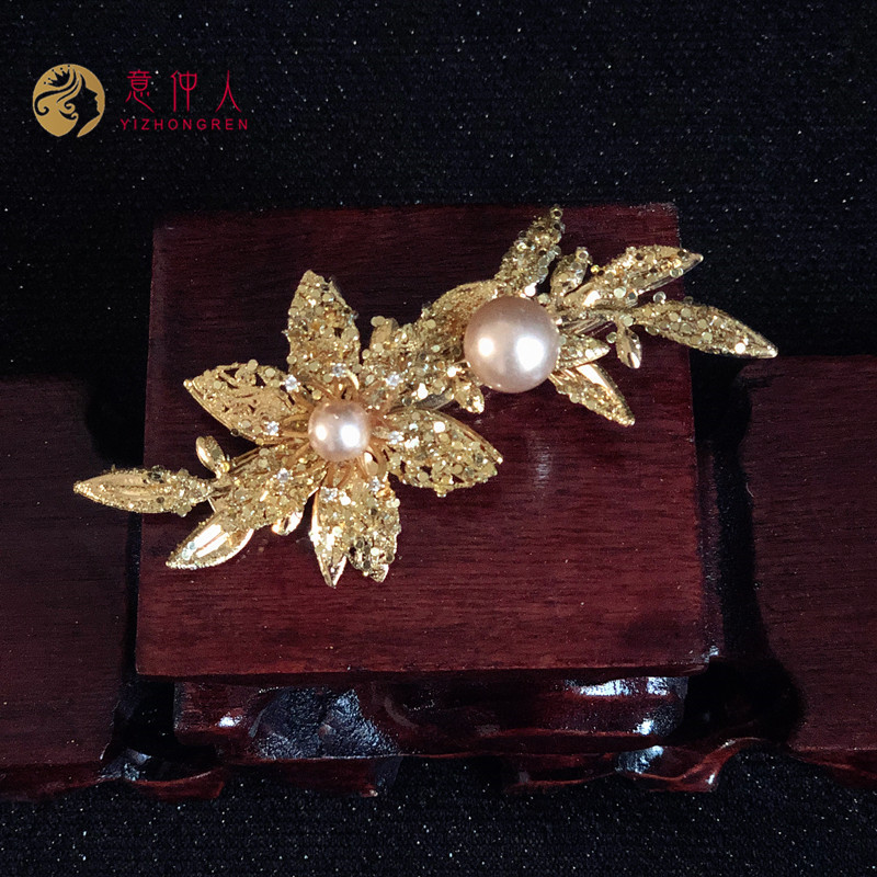 意仲人金色锆石珍珠发夹网红夹2021新款一字夹新娘化妆师摄影配饰