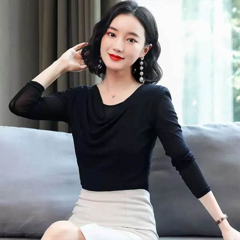 修身显瘦堆堆领长袖洋气百搭春秋季T恤小衫女网纱遮肉2026新款