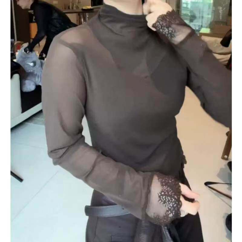 半高领网纱拼接打底衫女秋季新款蕾丝袖口修身显瘦气质长袖上衣
