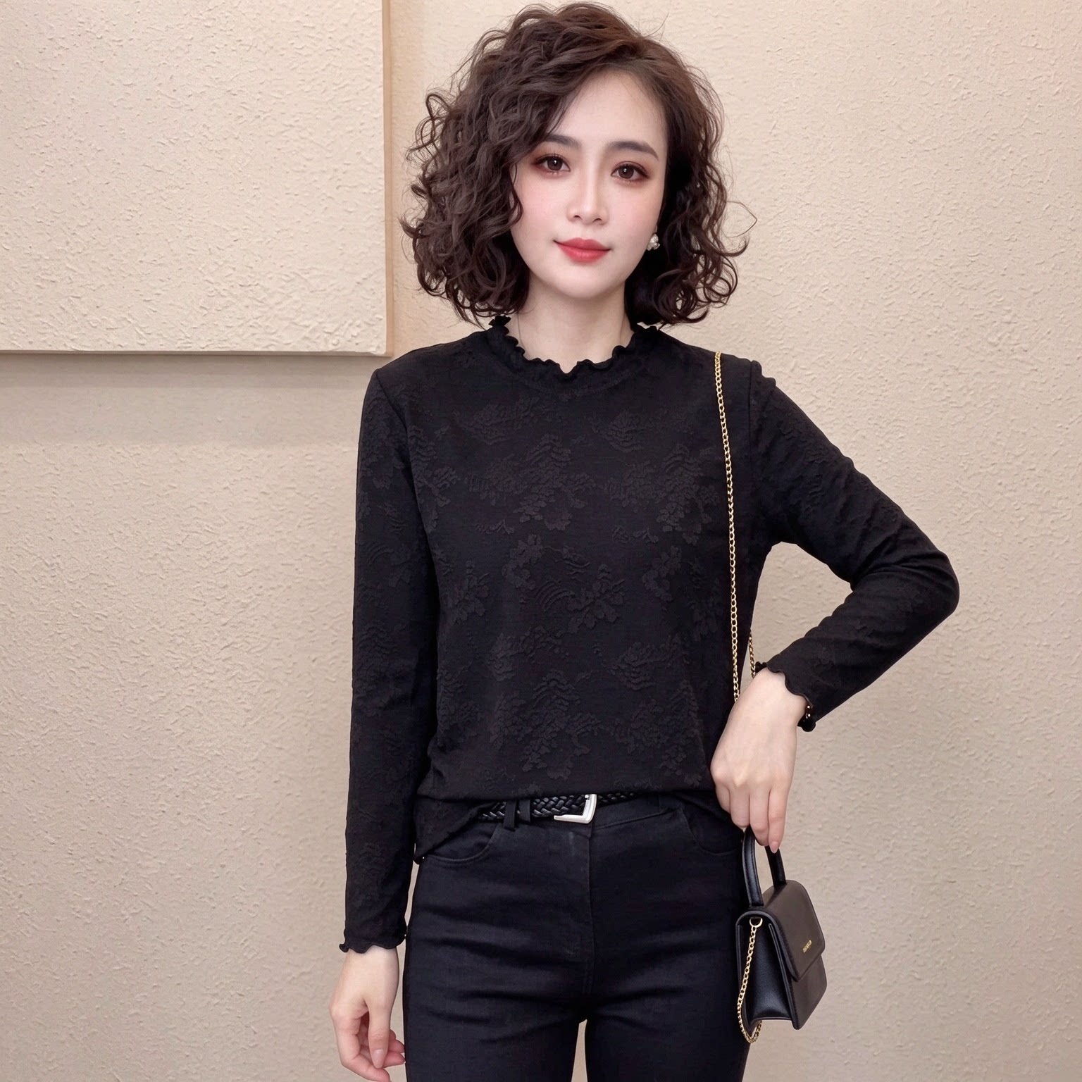秋季复古显瘦荷叶领长袖T恤女