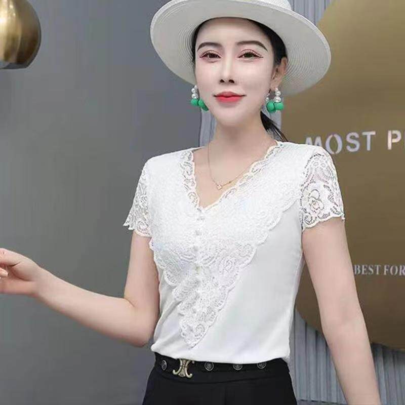夏季新款蕾丝衫V领短袖花边t恤气质小衫女士内搭外穿高级感短袖