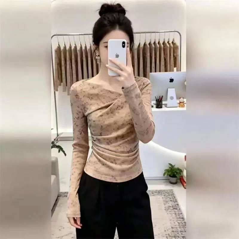 法式温柔风斜领碎花打底衫女修身褶皱设计感薄网纱长袖气质小上衣