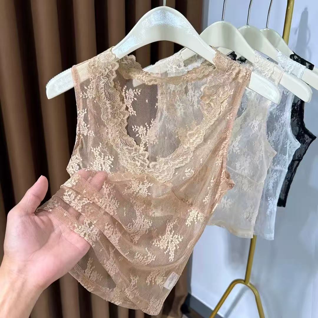 法式高级感气质打底衫女蕾丝内搭修身无袖短款背心v领网纱上衣
