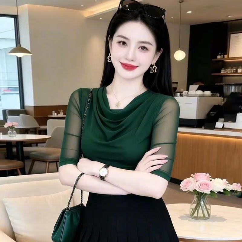 网红爆款绿色堆堆领网纱小衫修身中袖轻奢显白妈妈装通勤气质上衣