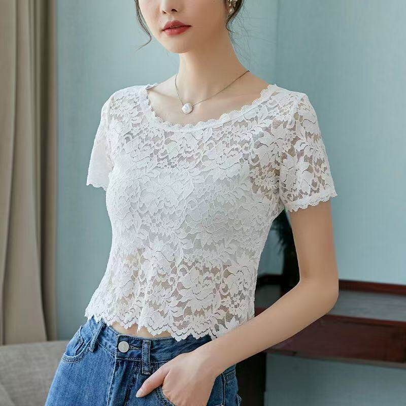 韩版通勤风蕾丝衫女短袖修身镂空薄款打底衫夏季短款上衣