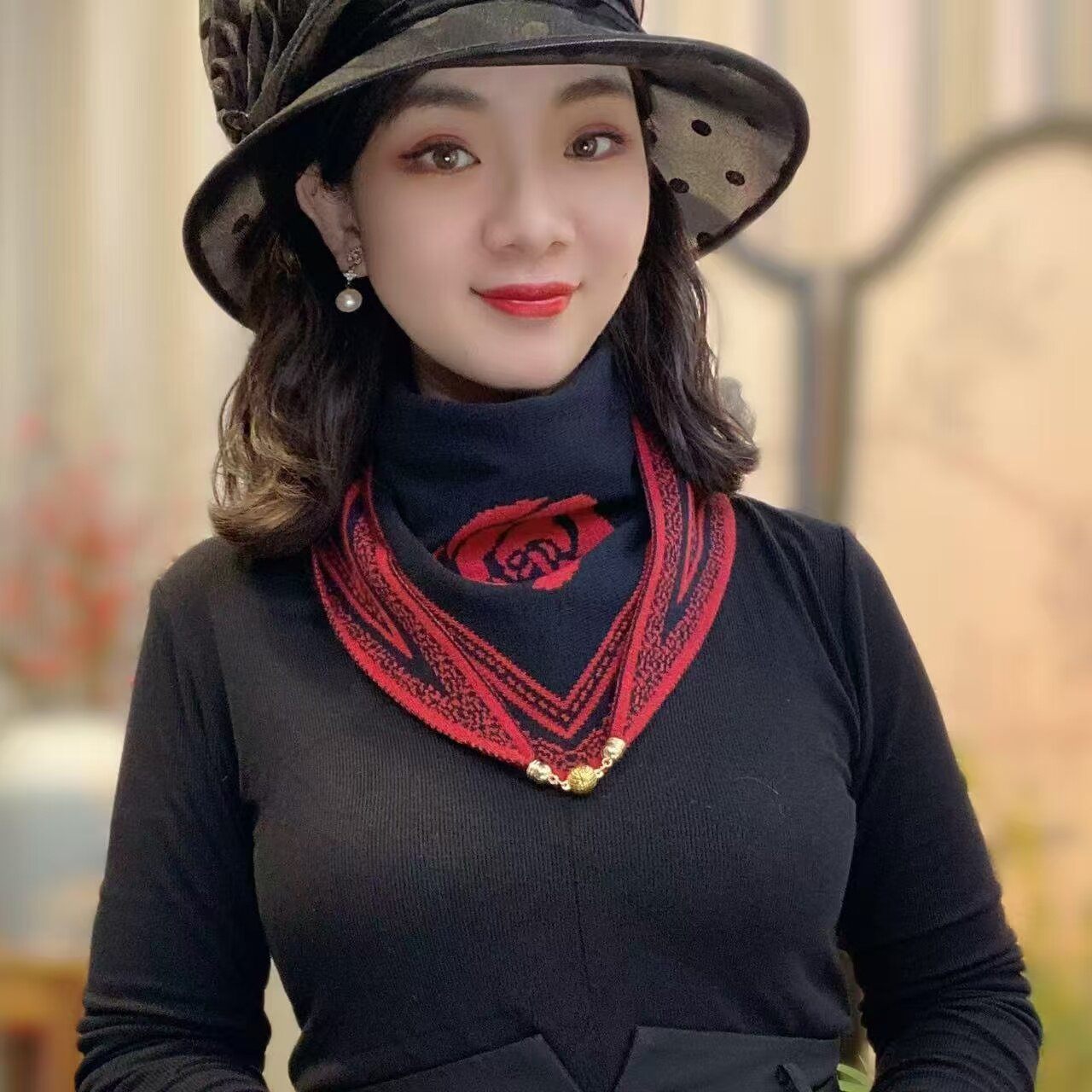 秋冬新款山茶花磁扣围巾女双面双色针织百搭护颈保暖三角巾围脖