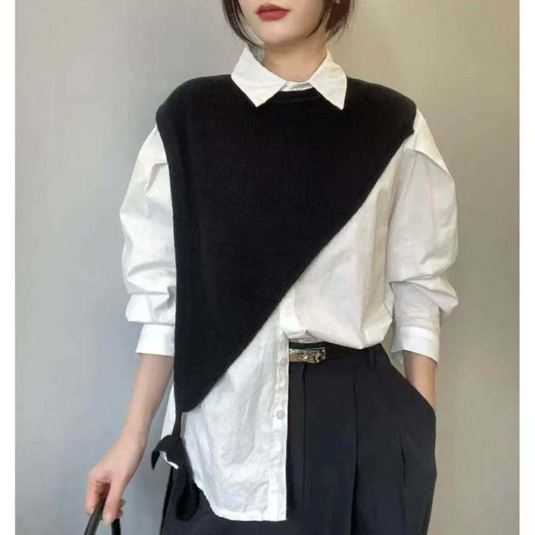 韩版感小众设计百搭斜边三角针织披肩马甲女叠洋气飘带搭配