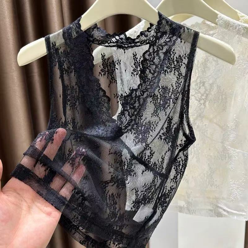 纯欲风花边v领蕾丝打底衫女夏季短款修身无袖背心网纱内搭上衣薄