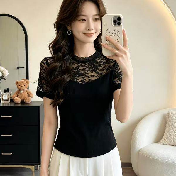 夏季蕾丝网纱拼接短袖T恤女百搭