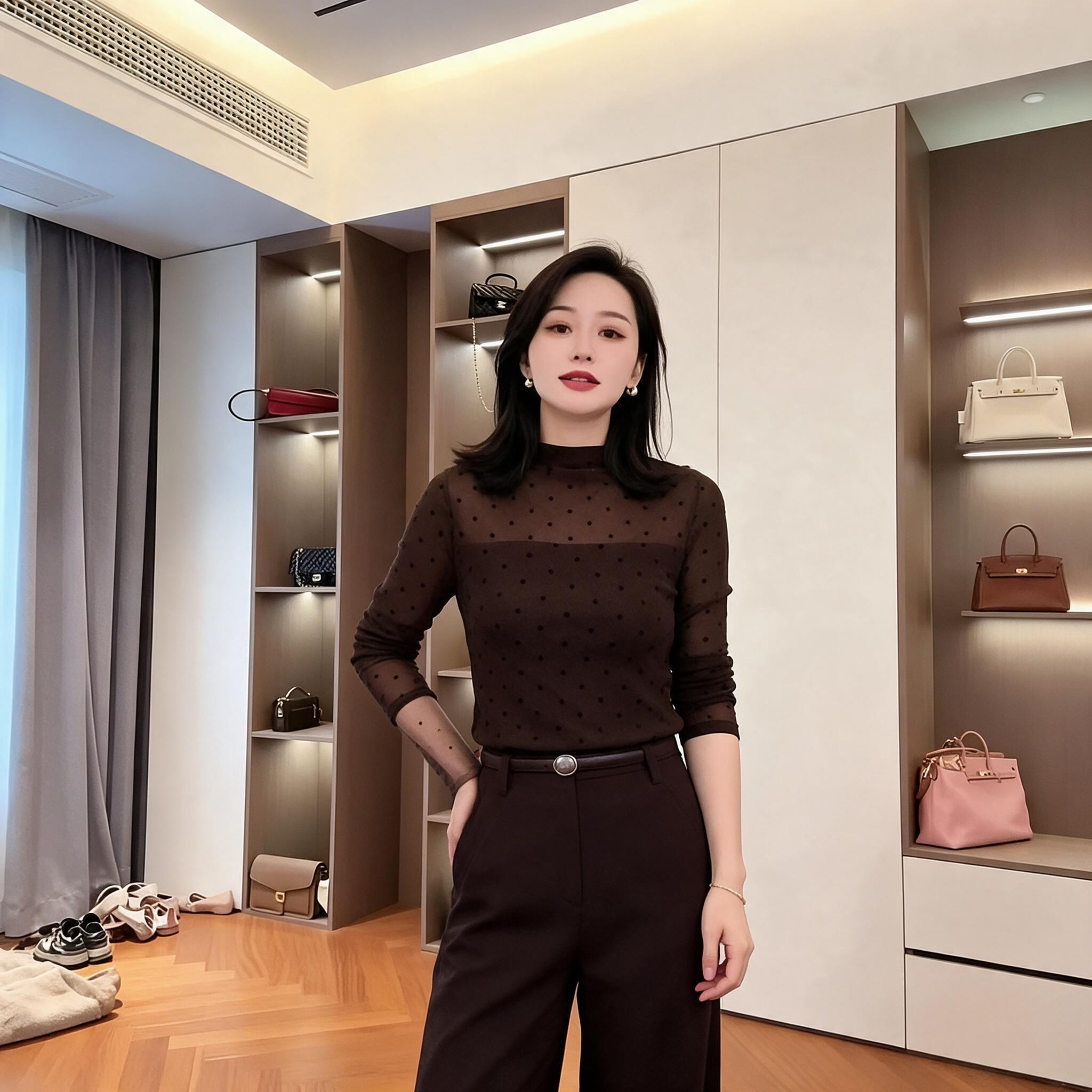 洋气波点网纱打底衫女半高领长袖秋季新款修身显瘦百搭女士T恤