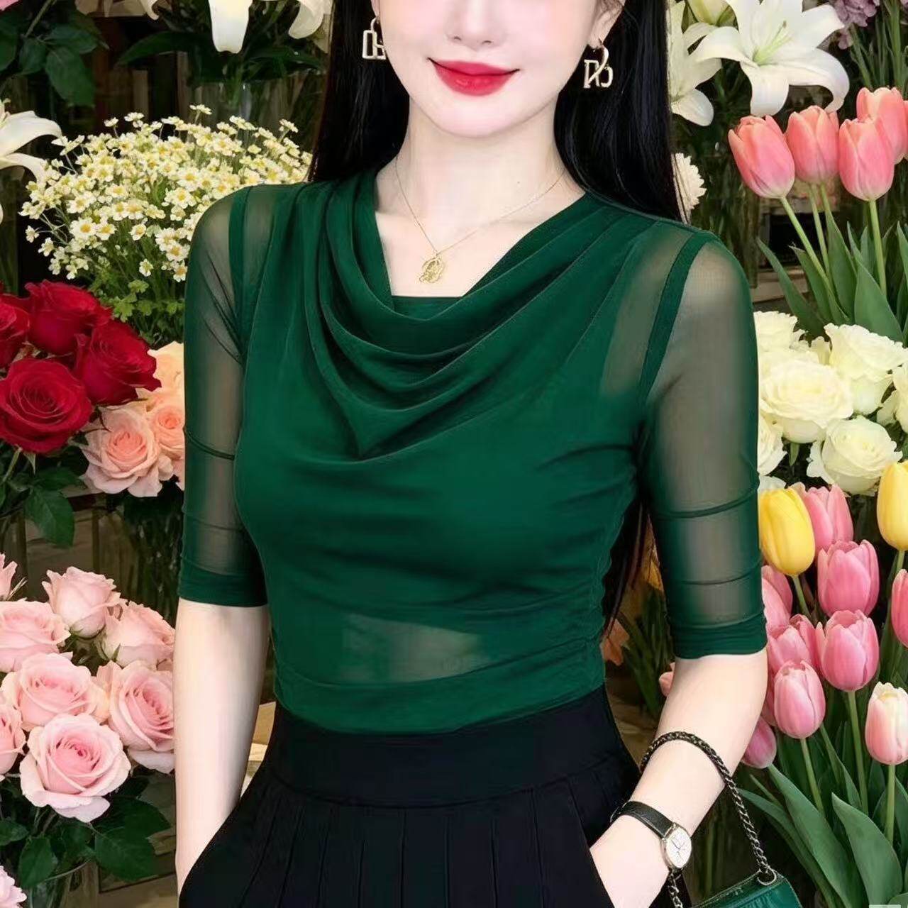 法式修身五分袖t恤网纱薄款黑色上衣女气质显瘦堆堆领套头小衫潮