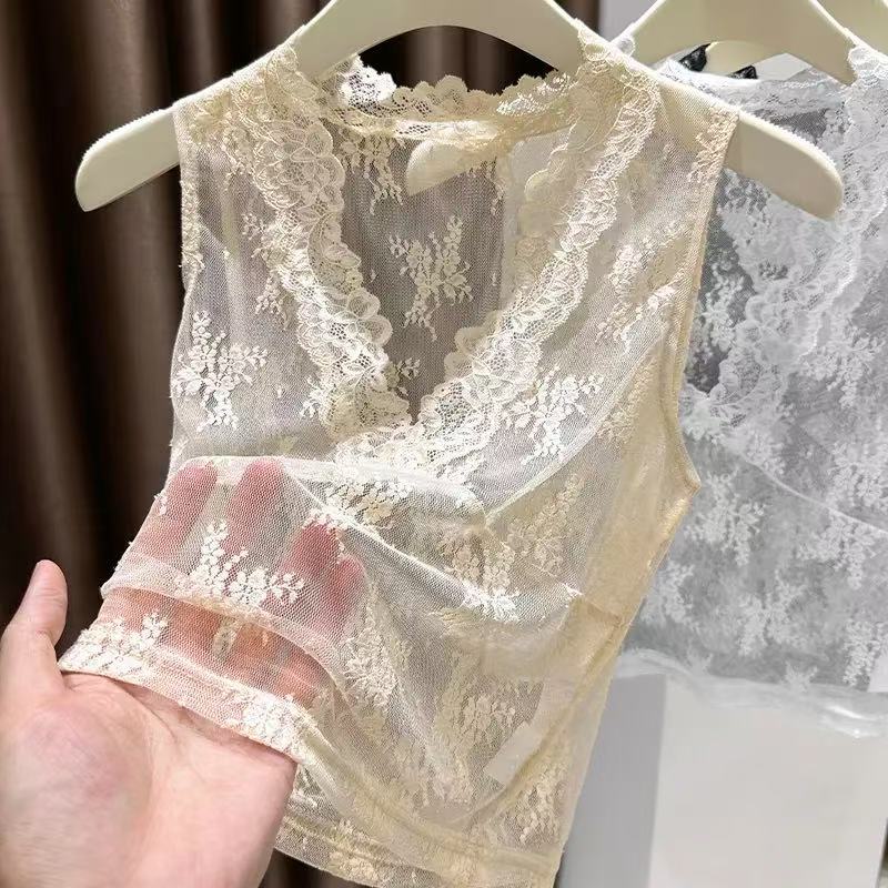 纯欲风花边v领蕾丝打底衫女夏季短款修身无袖背心网纱内搭上衣薄