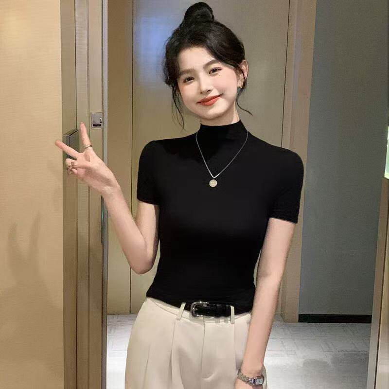 半高领黑色针织短袖t恤女夏季2026新款正肩法式紧身短款辣妹上衣