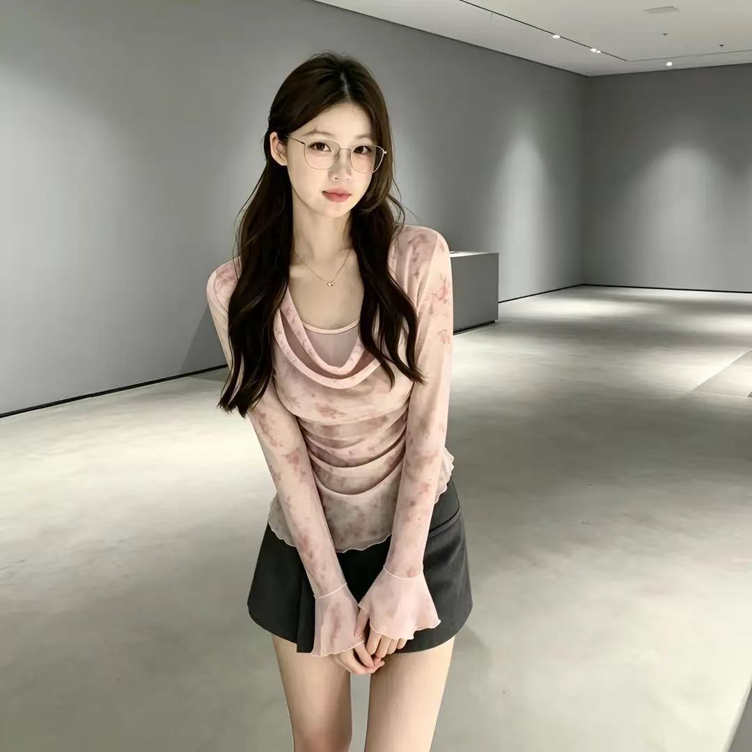 美式复古荡领晕染印花微透网纱褶皱夏季新款纯欲收腰喇叭袖上衣女