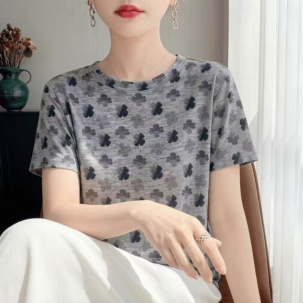 2026夏季新款大码女装胖妈妈弹力轻薄印花短袖T恤女宽松遮肉上衣