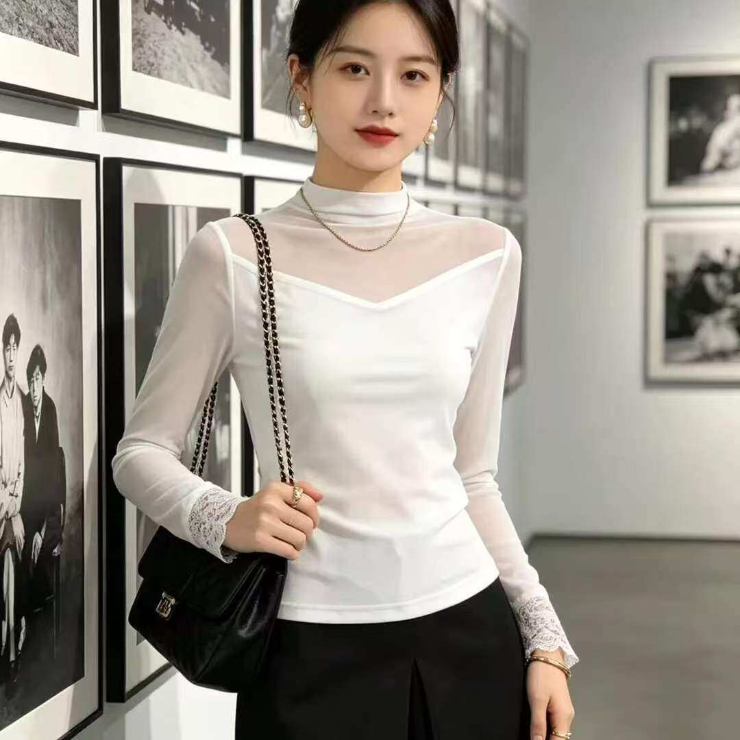 简约半高领网纱拼接长袖打底衫女春秋蕾丝花边袖口洋气内搭小上衣