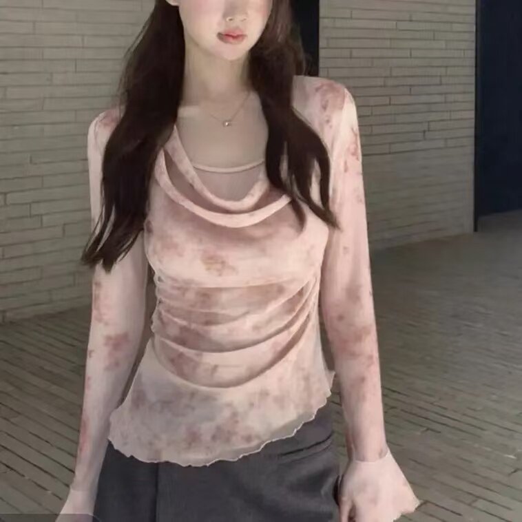韩系纯欲风碎花设计荡领不规则掐腰t恤女大码胖mm显瘦喇叭袖上衣