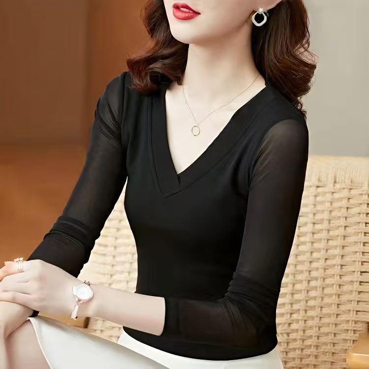 高级感V领网纱T恤女长袖修身弹力纯色上衣秋冬显瘦打底内搭