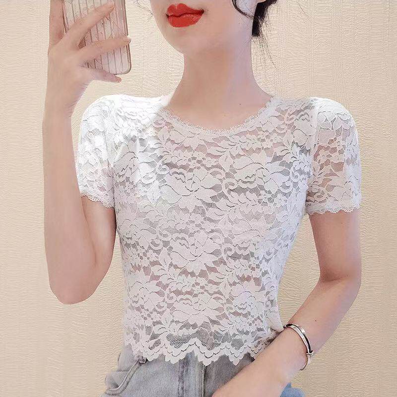 韩版新款蕾丝上衣修身短款女短袖内搭气质小衫半袖透视百搭款显瘦