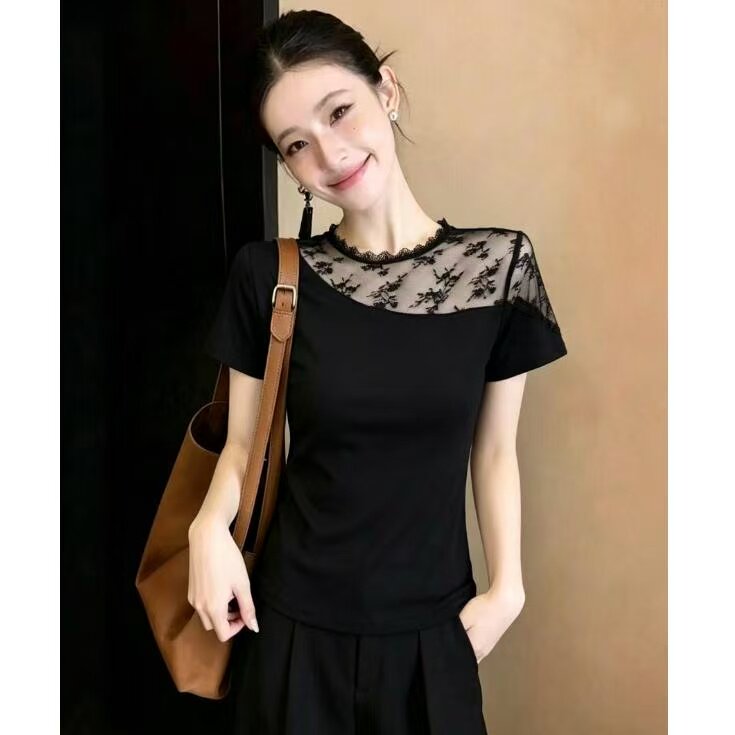 夏季新款蕾丝拼接气质显瘦圆领短袖百搭修身镂空设计感T恤女