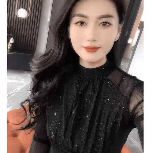 半高领网纱气质打底衫女百搭洋气修身显瘦长袖T恤内搭别致女上衣