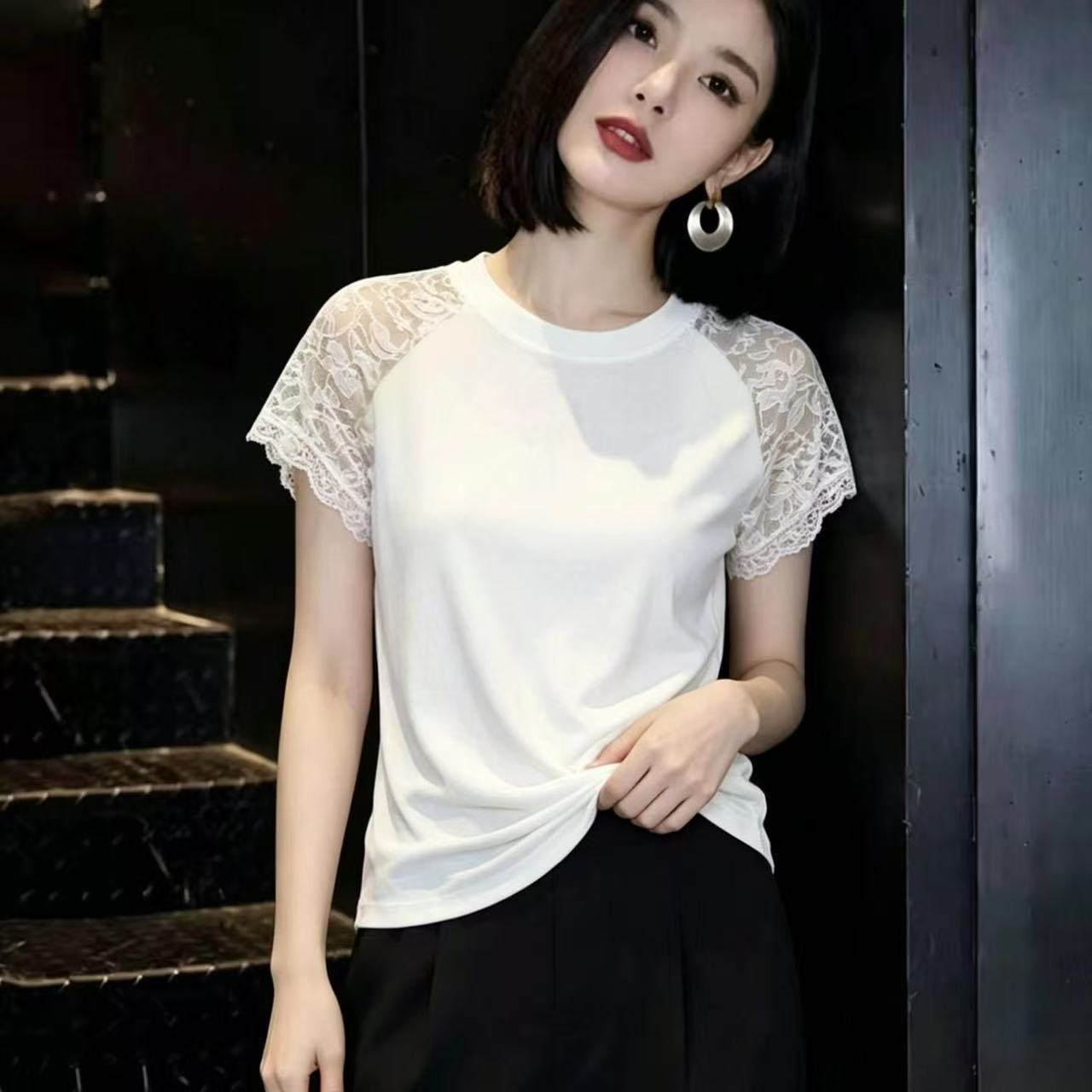 法式绝美气质漂亮正肩短袖t恤女夏新款蕾丝圆领褶皱收腰显瘦上衣
